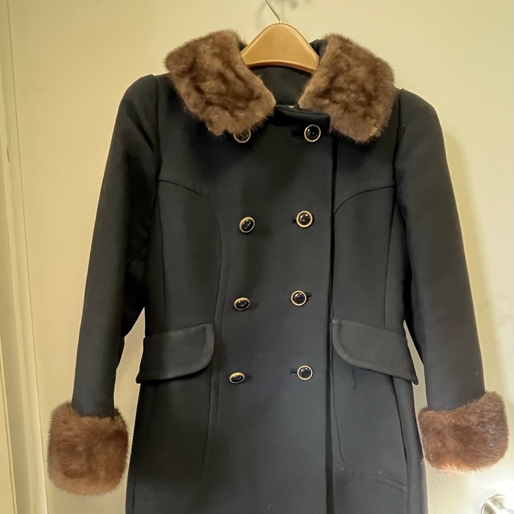ILGWU Chic Black Double-Breasted Wool Pea Coat with Fur Trim